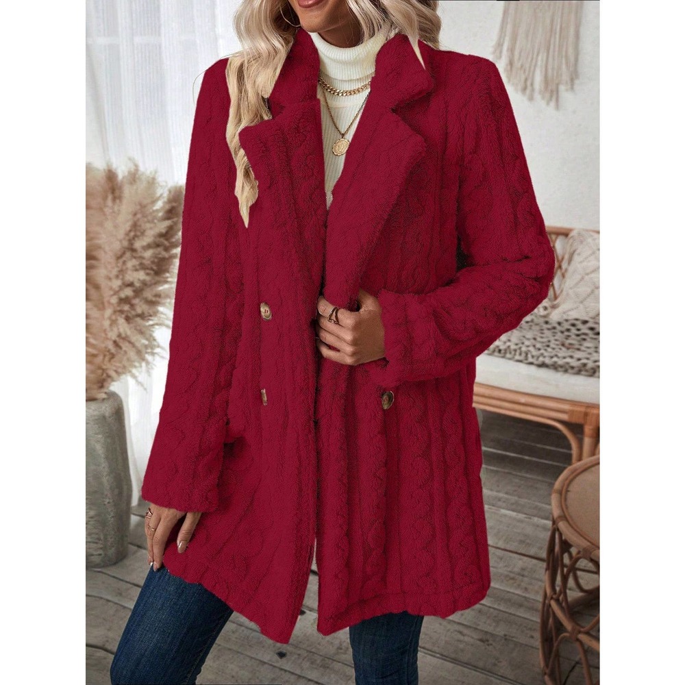 minimalist Double Breasted Lapel collar ribbed knit teddy Coat - Picture 9 of 11